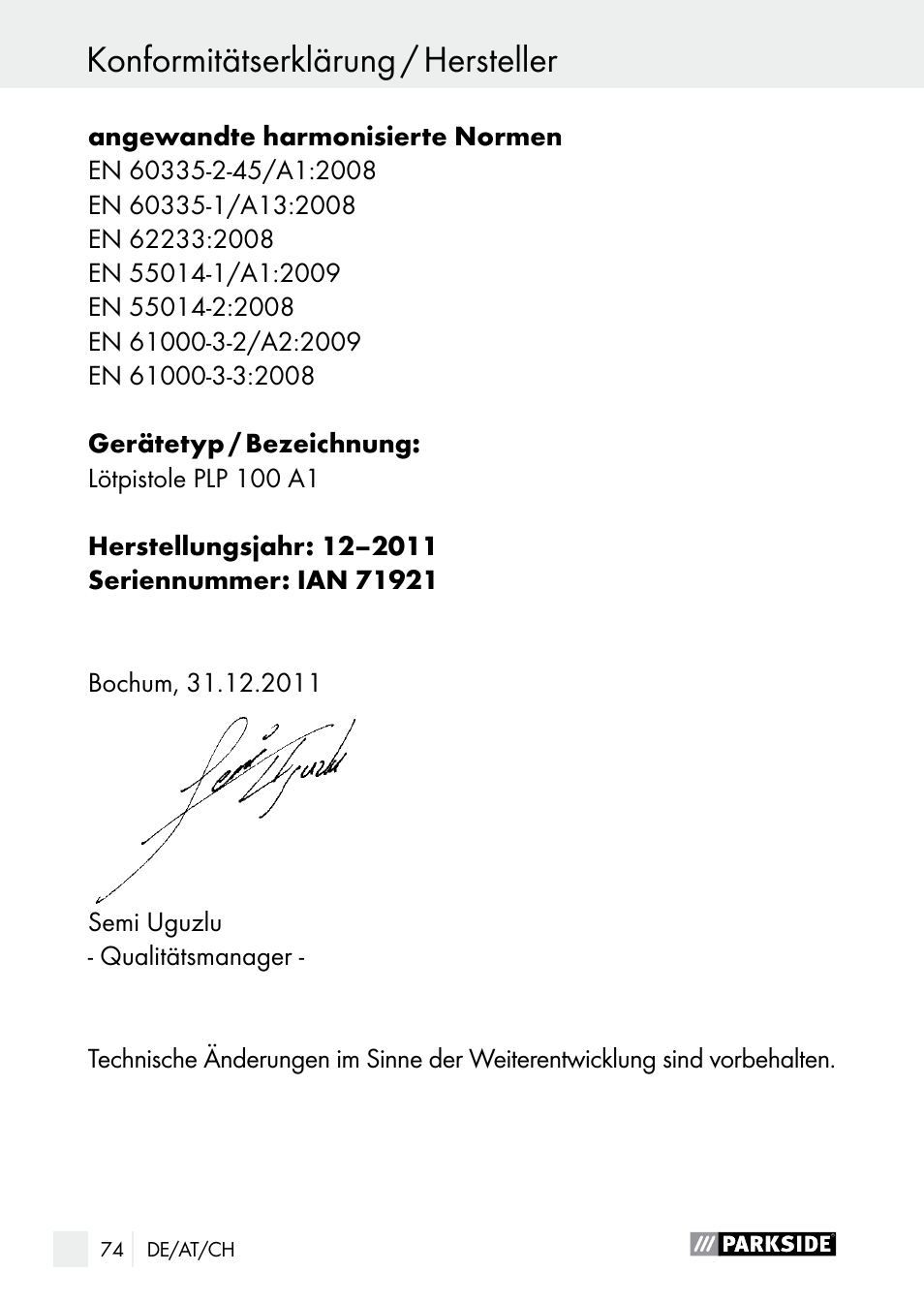 Konformitätserklärung / hersteller | Parkside PLP 100 A1 User Manual | Page 74 / 75