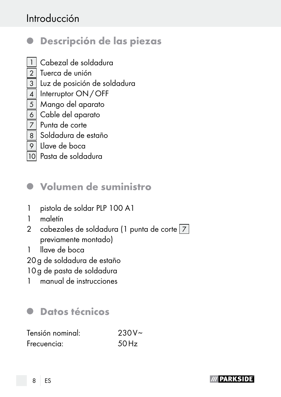 Descripción de las piezas, Volumen de suministro, Datos técnicos | Parkside PLP 100 A1 User Manual | Page 8 / 75