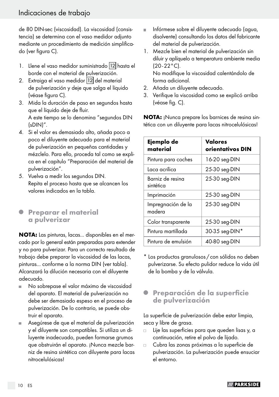 Q preparar el material a pulverizar, Q preparación de la superficie de pulverización, Preparar el material a pulverizar | Preparación de la superficie de pulverización | Parkside PFS 100 B2 User Manual | Page 10 / 54