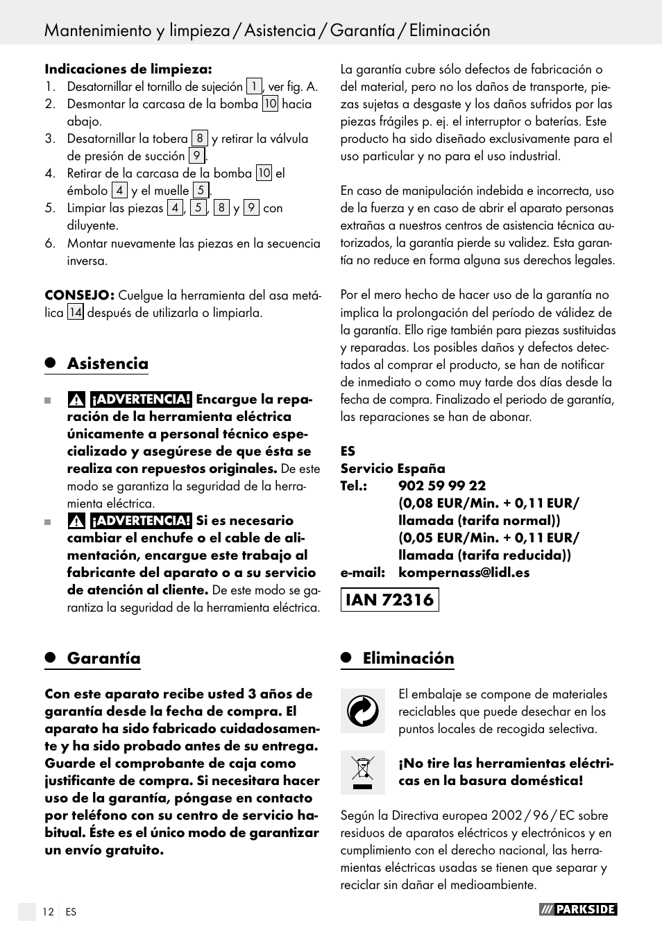 Q asistencia, Q garantía, Q eliminación | Asistencia, Garantía, Eliminación | Parkside PFS 100 B2 User Manual | Page 12 / 54