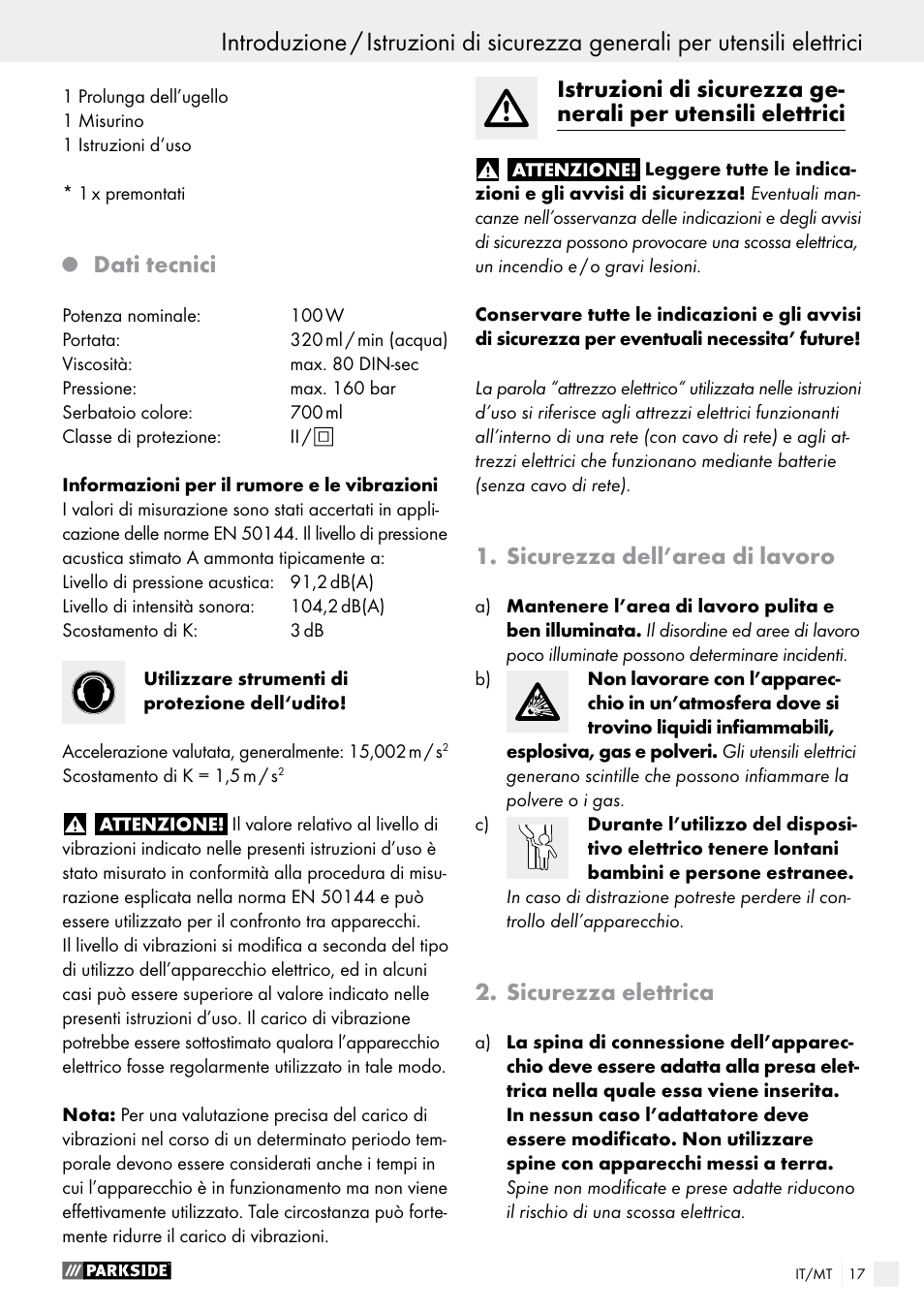 Q dati tecnici, Sicurezza dell’area di lavoro, Sicurezza elettrica | Dati tecnici | Parkside PFS 100 B2 User Manual | Page 17 / 54