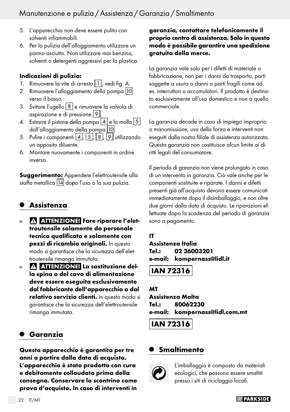 Q assistenza, Q garanzia, Q smaltimento | Assistenza, Garanzia, Smaltimento | Parkside PFS 100 B2 User Manual | Page 22 / 54