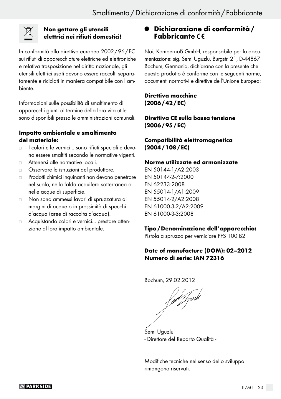 Q dichiarazione di conformità / fabbricante, Dichiarazione di conformità / fabbricante | Parkside PFS 100 B2 User Manual | Page 23 / 54