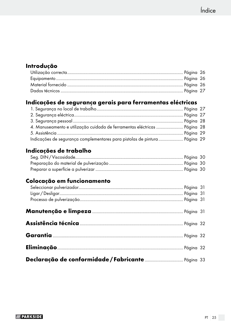 Índice | Parkside PFS 100 B2 User Manual | Page 25 / 54