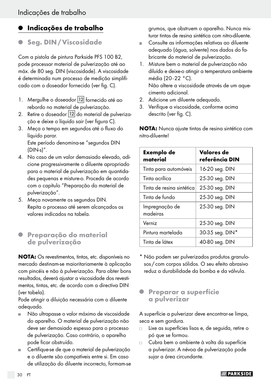 Q indicações de trabalho, Q seg. din / viscosidade, Q preparação do material de pulverização | Q preparar a superfície a pulverizar, Indicações de trabalho, Seg. din / viscosidade, Preparação do material de pulverização, Preparar a superfície a pulverizar | Parkside PFS 100 B2 User Manual | Page 30 / 54