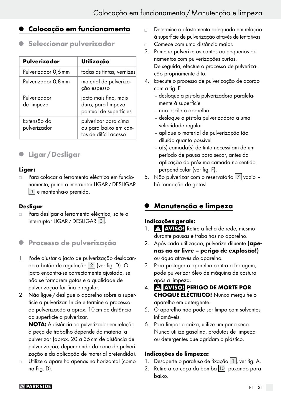 Q colocação em funcionamento, Q seleccionar pulverizador, Q ligar / desligar | Q processo de pulverização, Q manutenção e limpeza, Colocação em funcionamento, Manutenção e limpeza, Seleccionar pulverizador, Ligar / desligar, Processo de pulverização | Parkside PFS 100 B2 User Manual | Page 31 / 54