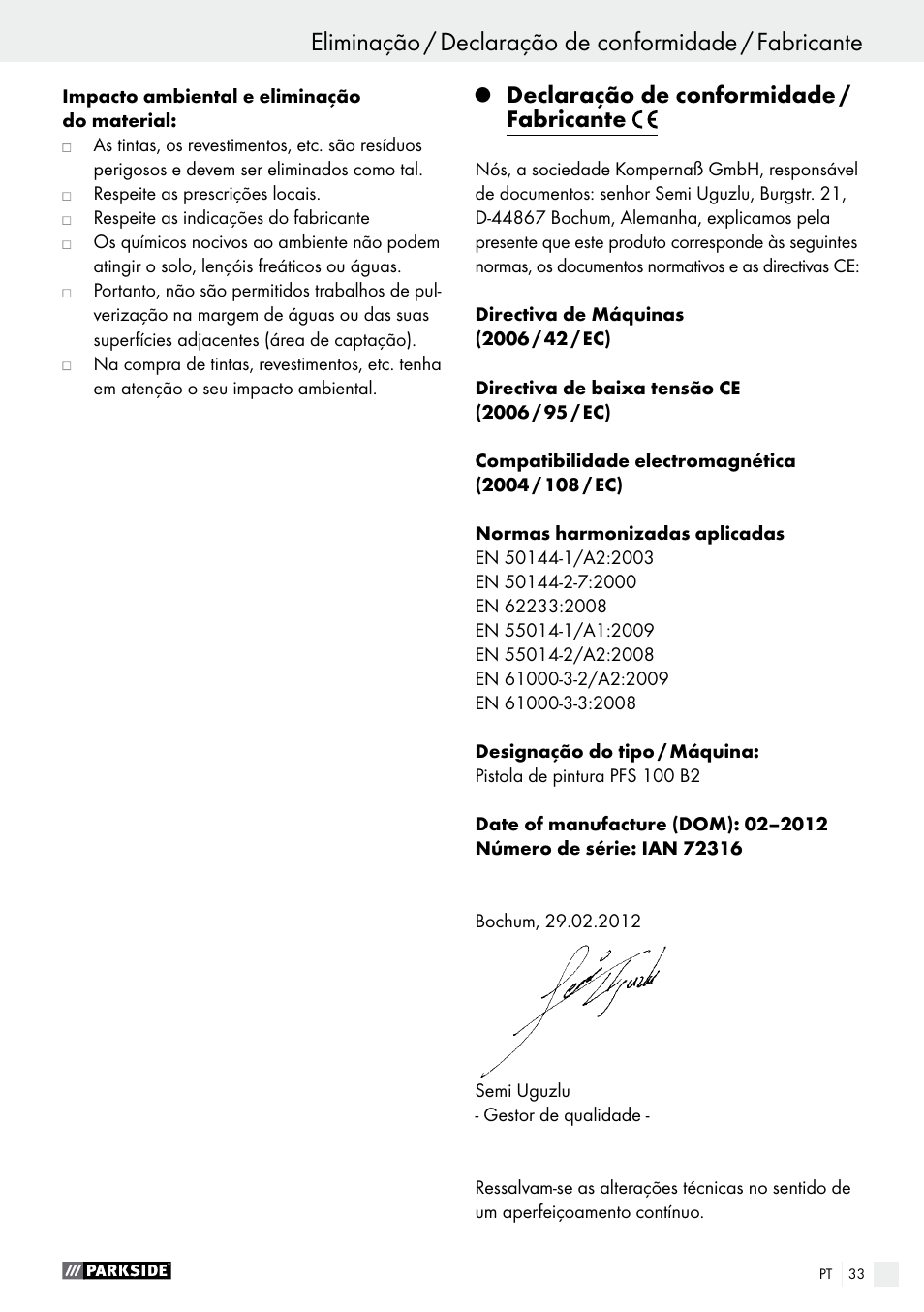 Q declaração de conformidade / fabricante, Declaração de conformidade / fabricante | Parkside PFS 100 B2 User Manual | Page 33 / 54