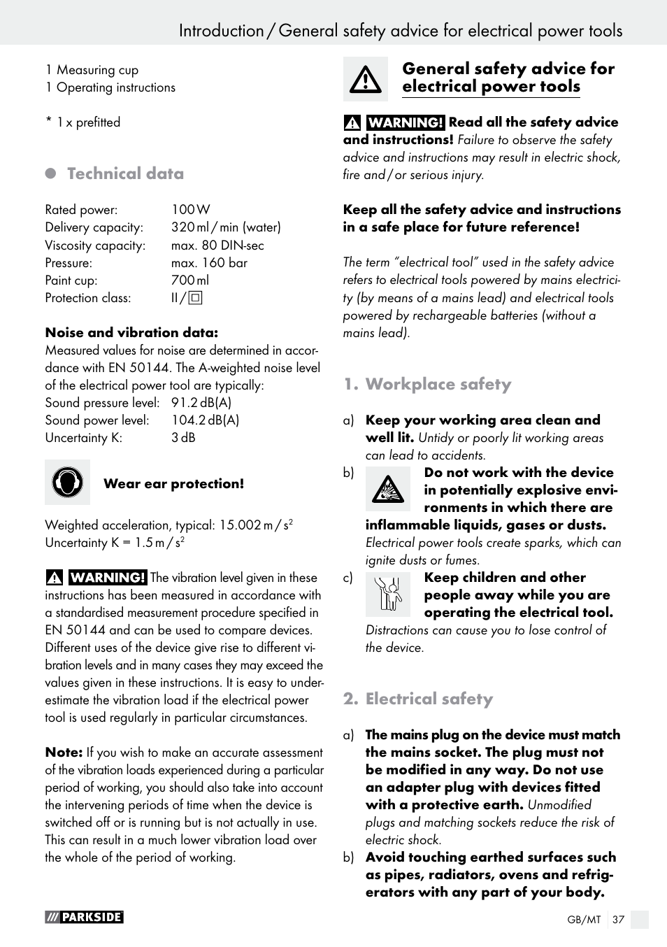 Q technical data, General safety advice for electrical power tools, Workplace safety | Electrical safety, Technical data | Parkside PFS 100 B2 User Manual | Page 37 / 54