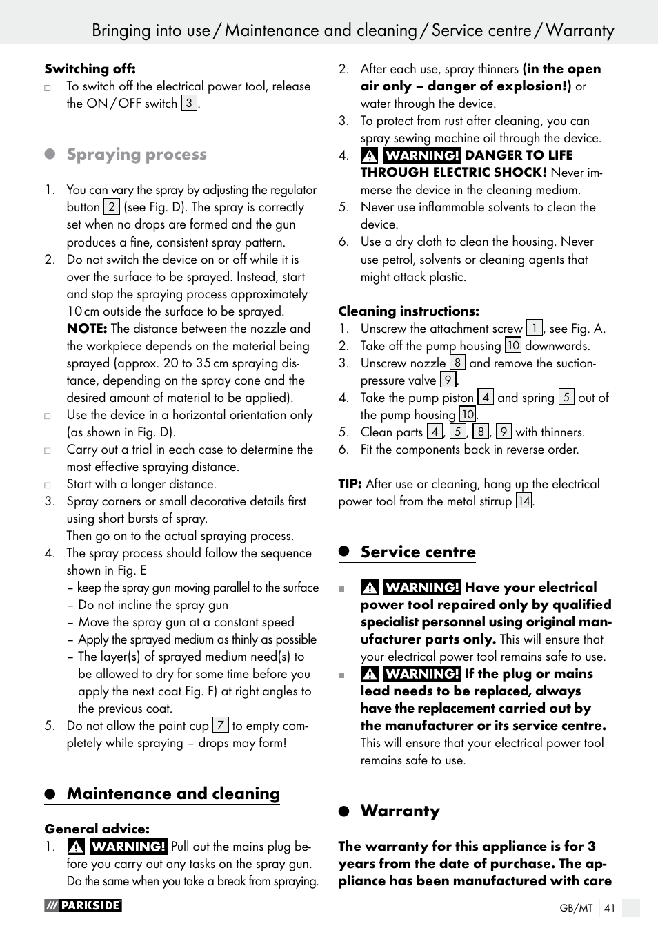 Q spraying process, Q maintenance and cleaning, Q service centre | Q warranty, Maintenance and cleaning, Service centre, Warranty, Spraying process | Parkside PFS 100 B2 User Manual | Page 41 / 54