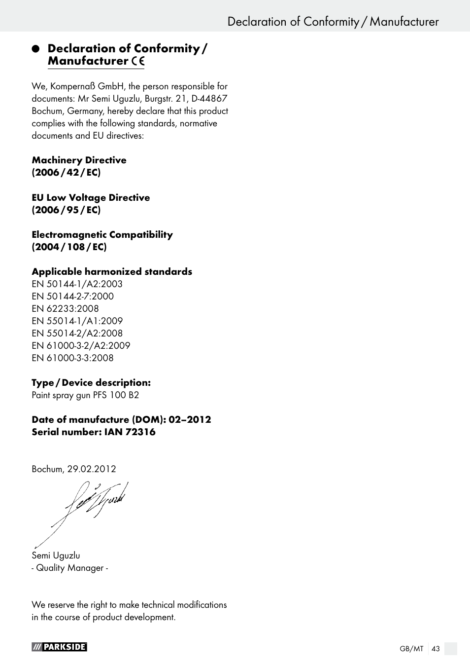 Q declaration of conformity / manufacturer, Declaration of conformity / manufacturer | Parkside PFS 100 B2 User Manual | Page 43 / 54