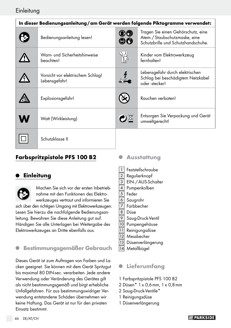 Einleitung, Bestimmungsgemäßer gebrauch, Ausstattung | Lieferumfang, Farbspritzpistole pfs 100 b2 einleitung | Parkside PFS 100 B2 User Manual | Page 46 / 54