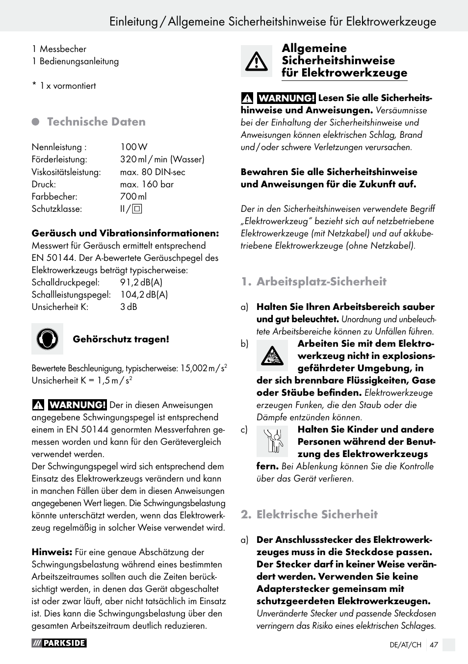 Technische daten, Arbeitsplatz-sicherheit, Elektrische sicherheit | Parkside PFS 100 B2 User Manual | Page 47 / 54