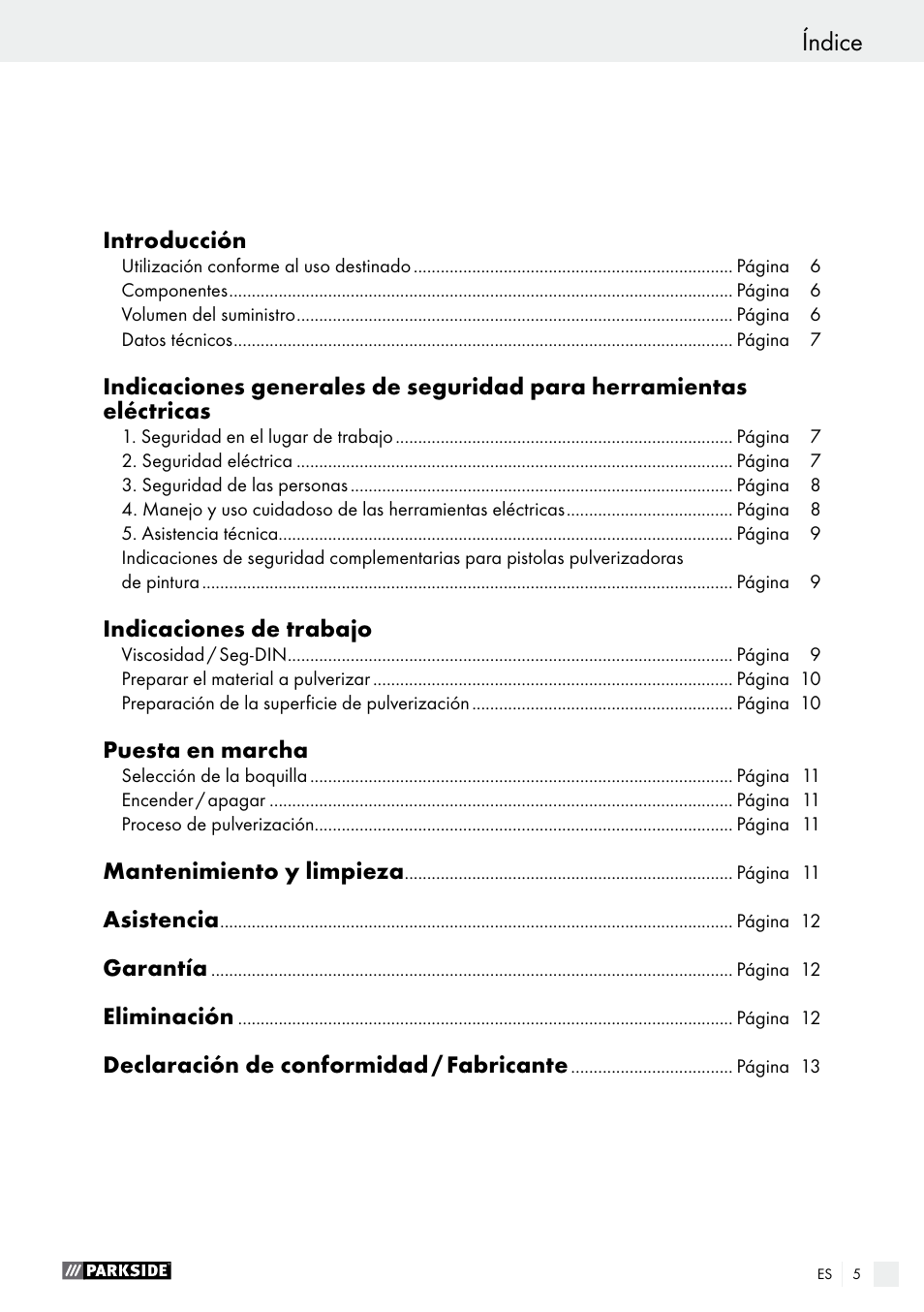 Índice | Parkside PFS 100 B2 User Manual | Page 5 / 54