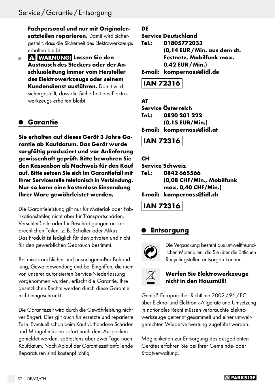 Garantie, Entsorgung, Seite 52 | Parkside PFS 100 B2 User Manual | Page 52 / 54