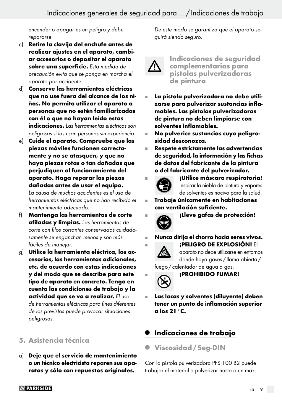 Asistencia técnica, Q indicaciones de trabajo, Q viscosidad / seg-din | Indicaciones de trabajo, Viscosidad / seg-din | Parkside PFS 100 B2 User Manual | Page 9 / 54