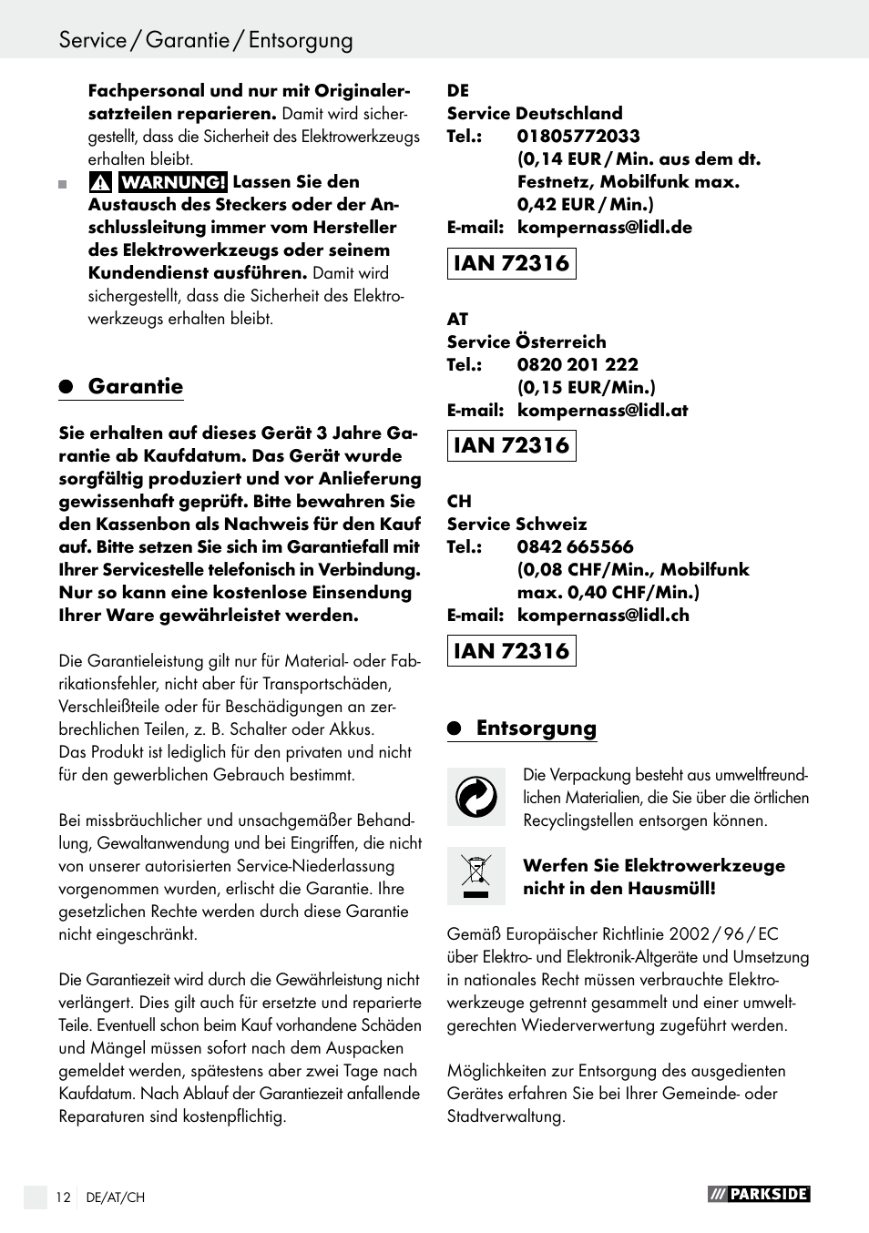 Garantie, Entsorgung, Seite 12 | Parkside PFS 100 B2 User Manual | Page 12 / 44