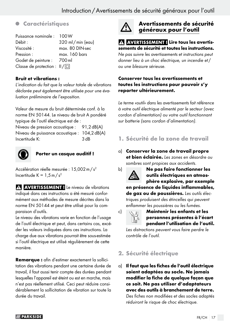 Q caractéristiques, Avertissements de sécurité généraux pour l’outil, Sécurité de la zone de travail | Sécurité électrique, Caractéristiques | Parkside PFS 100 B2 User Manual | Page 17 / 44