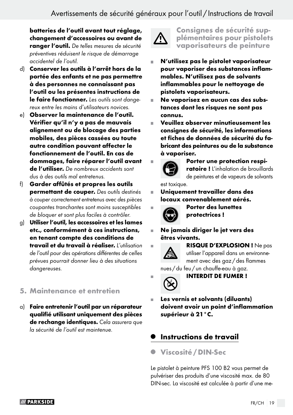 Maintenance et entretien, Q instructions de travail, Q viscosité / din-sec | Instructions de travail, Viscosité / din-sec | Parkside PFS 100 B2 User Manual | Page 19 / 44