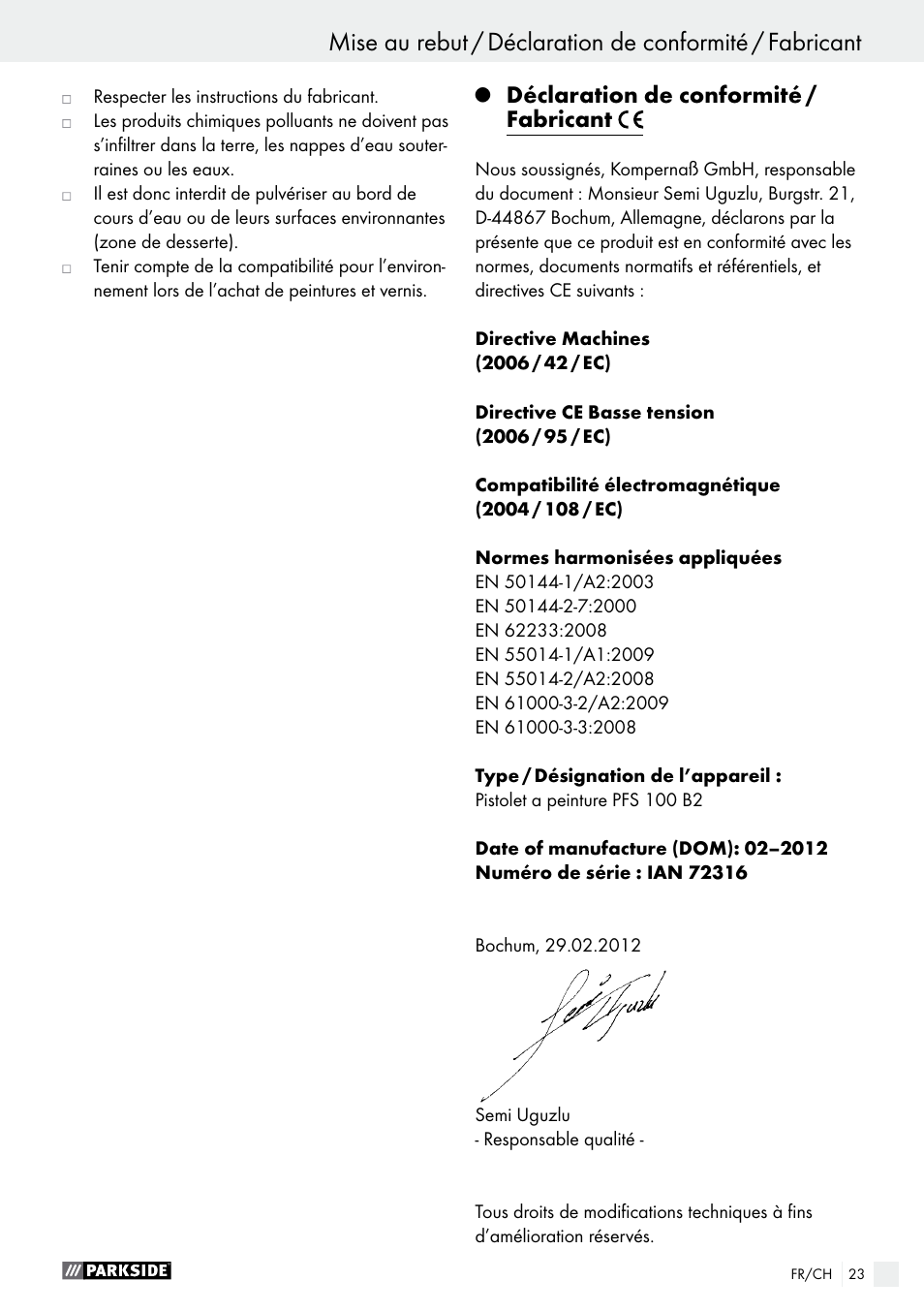 Q déclaration de conformité / fabricant, Déclaration de conformité / fabricant | Parkside PFS 100 B2 User Manual | Page 23 / 44