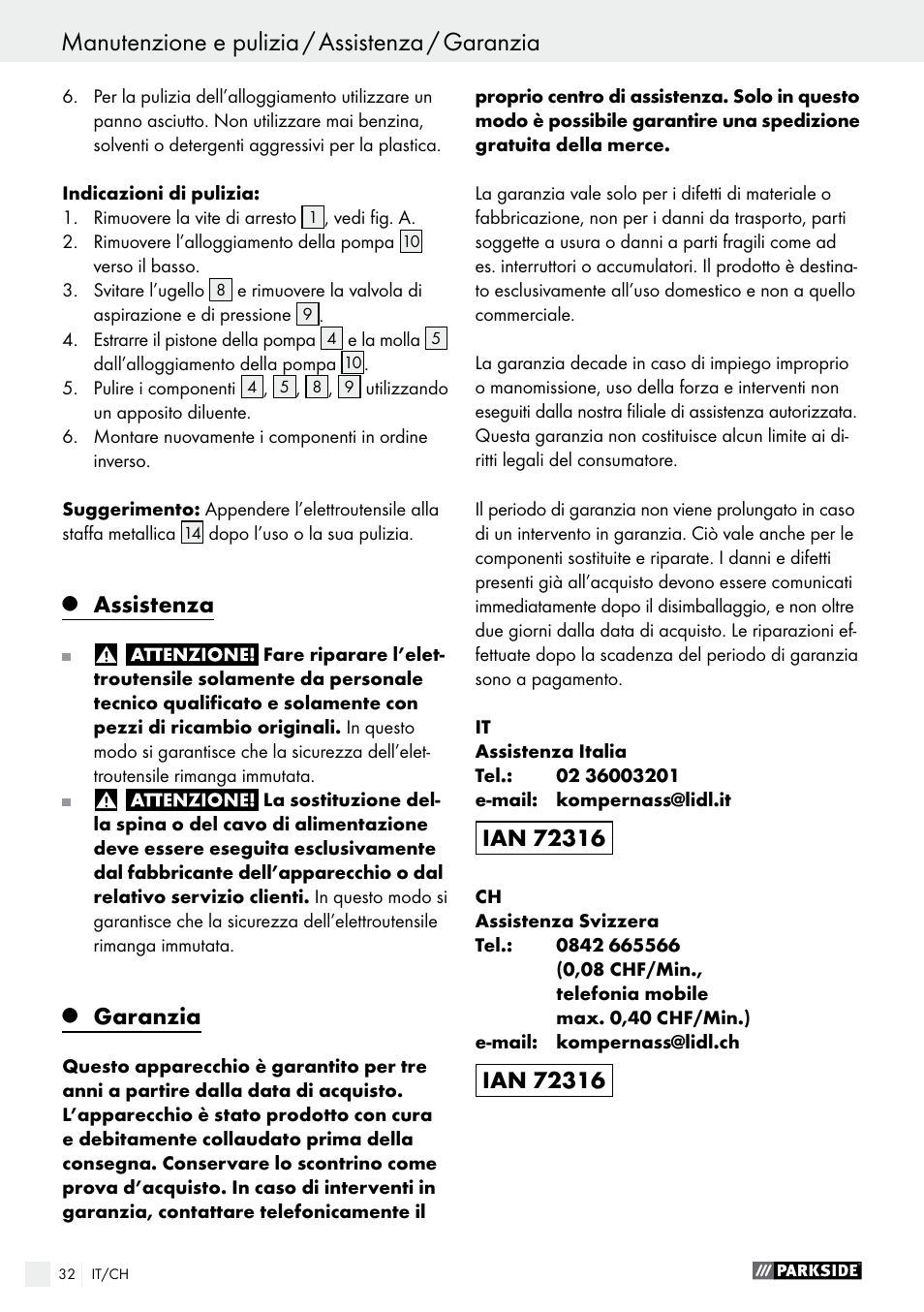 Q assistenza, Q garanzia, Assistenza | Garanzia | Parkside PFS 100 B2 User Manual | Page 32 / 44
