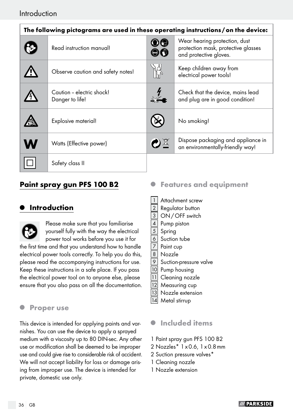 Q introduction, Q proper use, Q features and equipment | Q included items, Introduction, Paint spray gun pfs 100 b2, Proper use, Features and equipment, Included items | Parkside PFS 100 B2 User Manual | Page 36 / 44