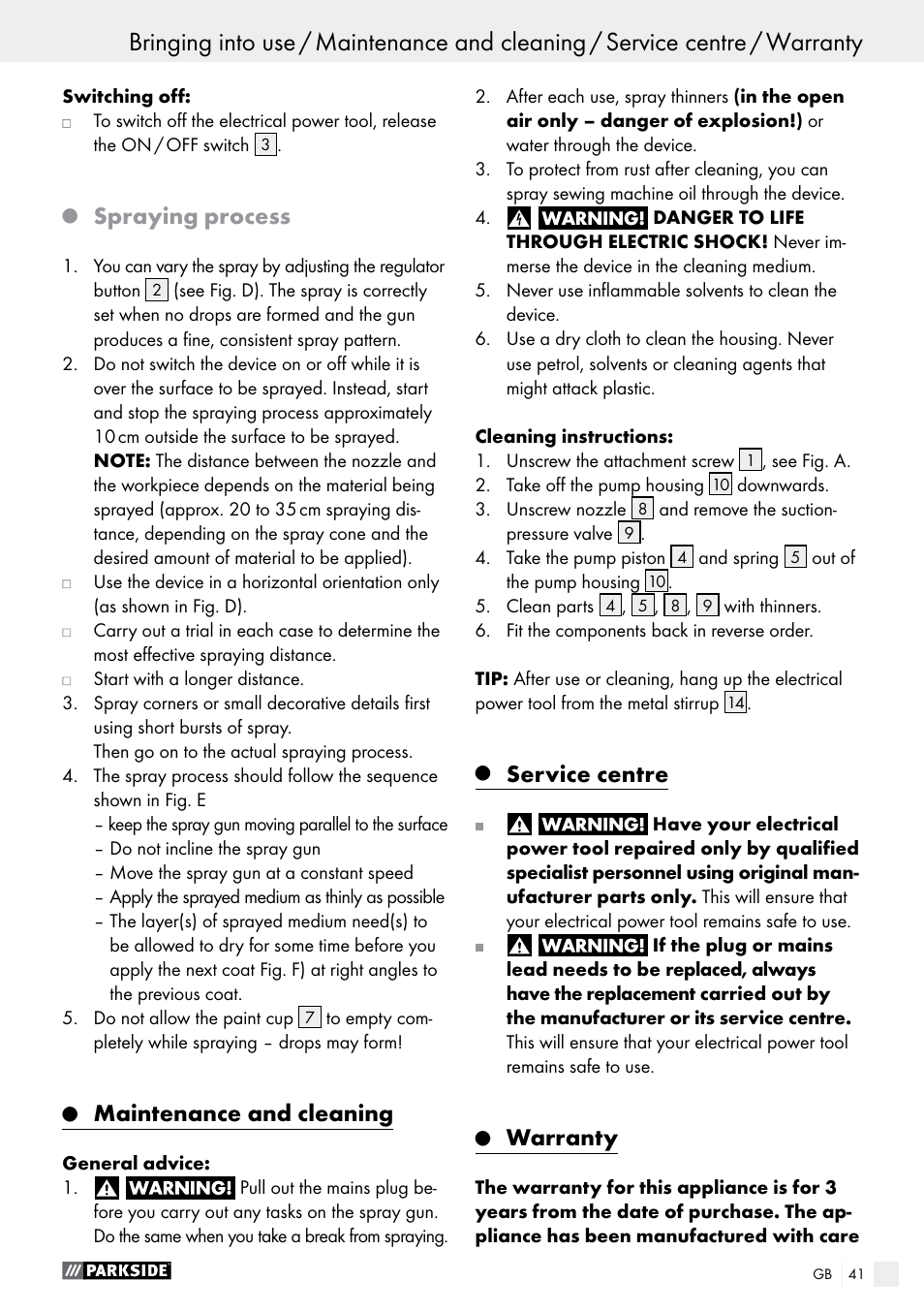 Q spraying process, Q maintenance and cleaning, Q service centre | Q warranty, Maintenance and cleaning, Service centre, Warranty, Spraying process | Parkside PFS 100 B2 User Manual | Page 41 / 44