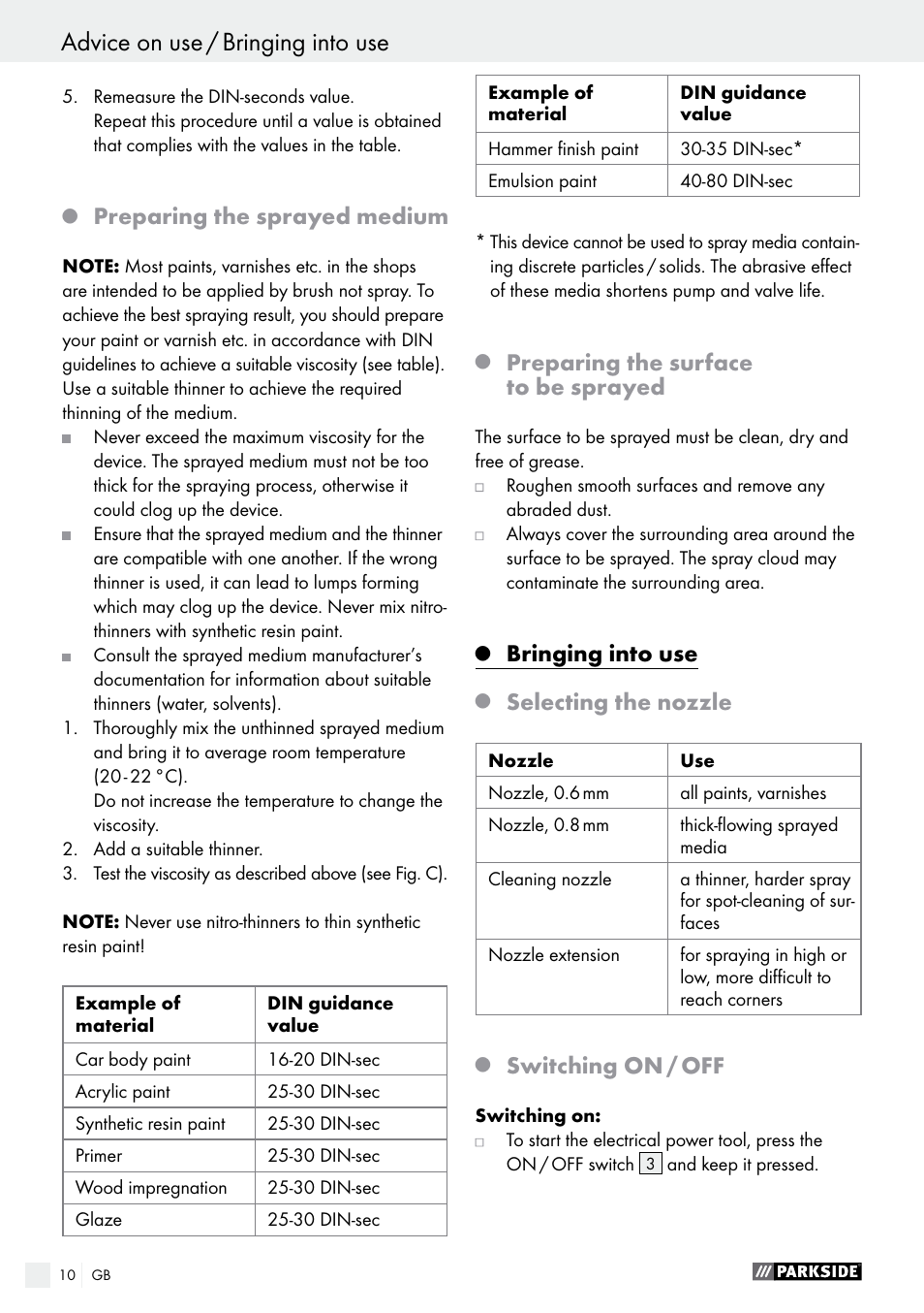 Bringing into use, Preparing the sprayed medium, Preparing the surface to be sprayed | Selecting the nozzle, Switching on / off | Parkside PFS 100 B2 User Manual | Page 10 / 72