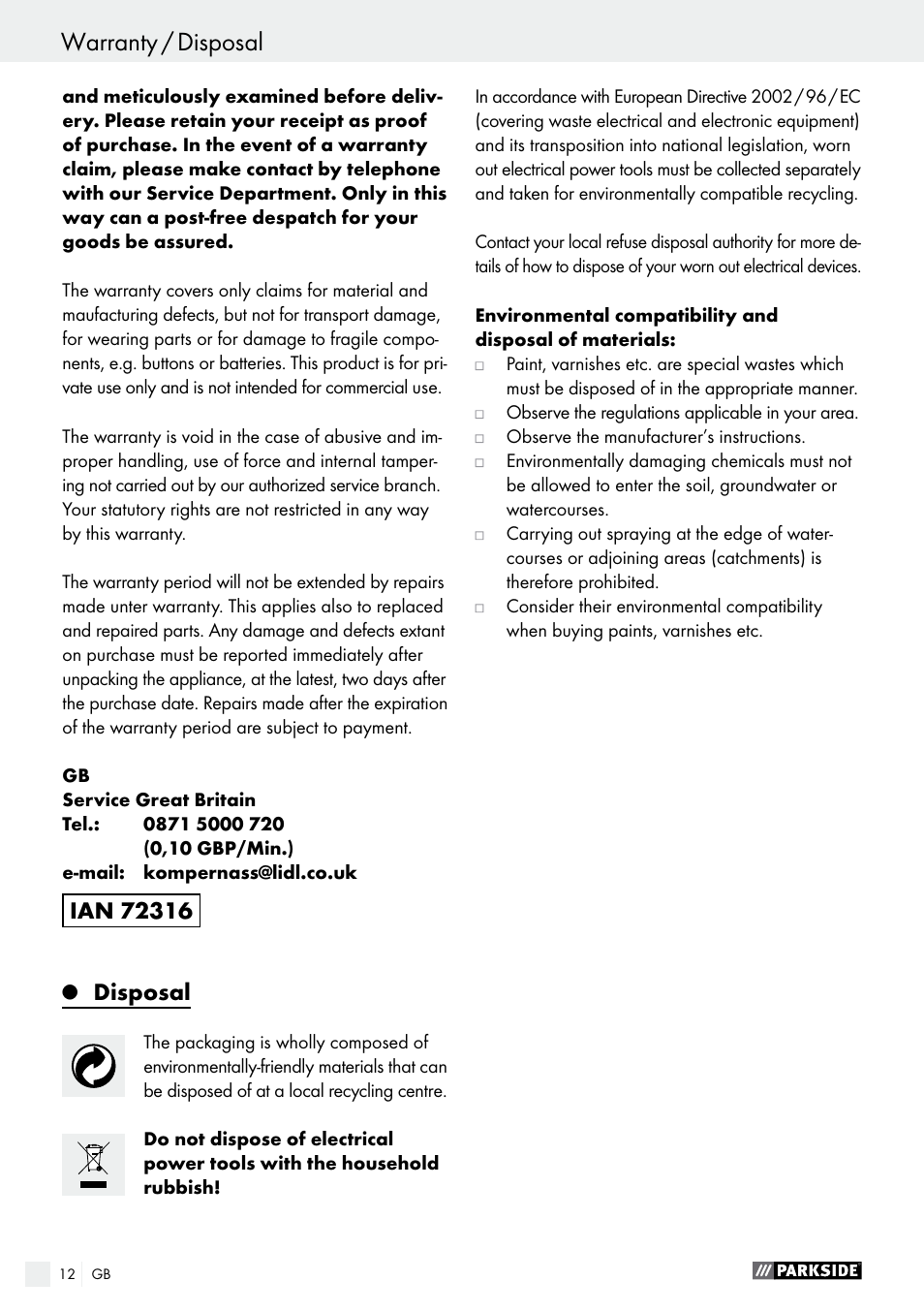 Disposal | Parkside PFS 100 B2 User Manual | Page 12 / 72