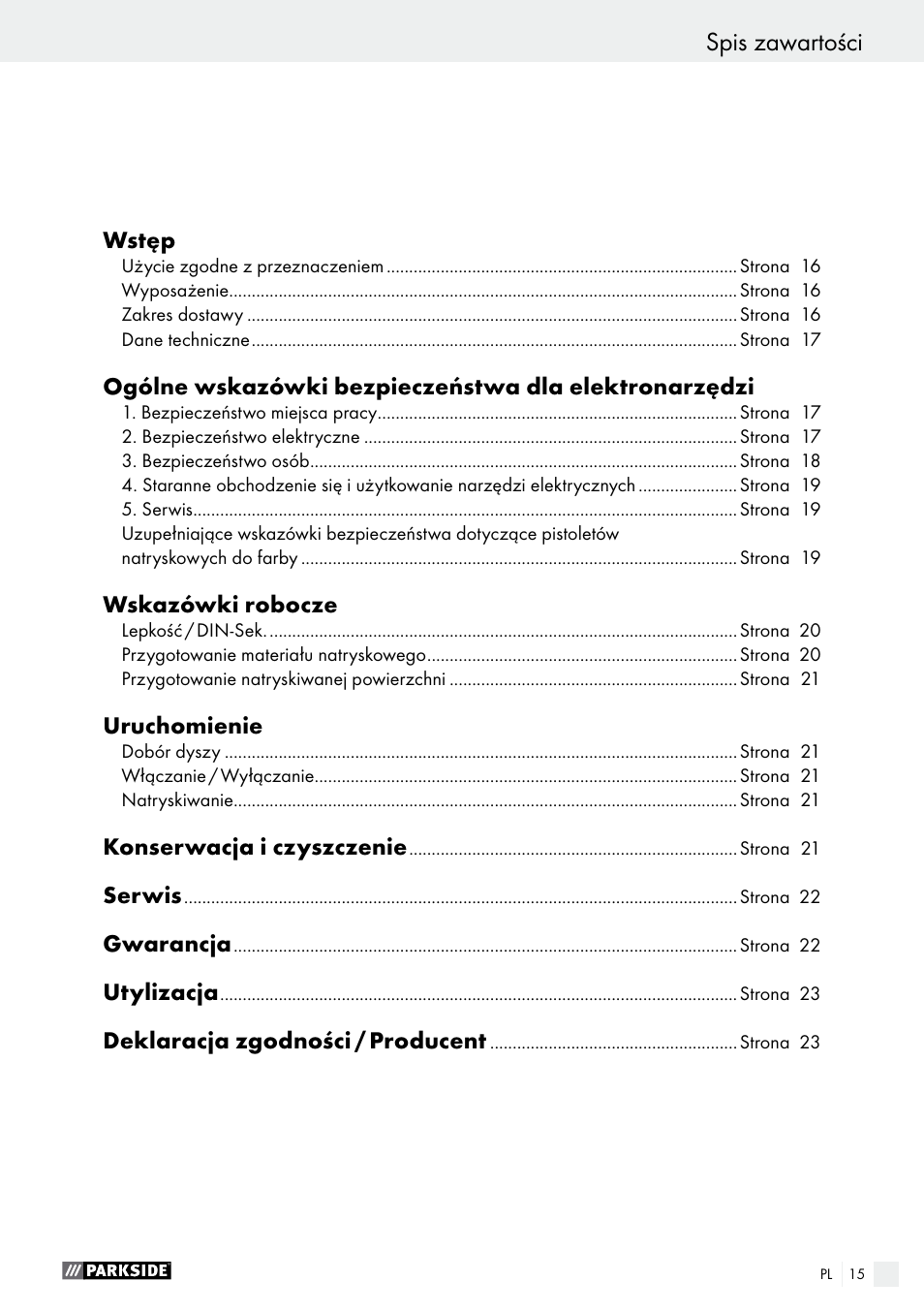 Spis zawartości | Parkside PFS 100 B2 User Manual | Page 15 / 72