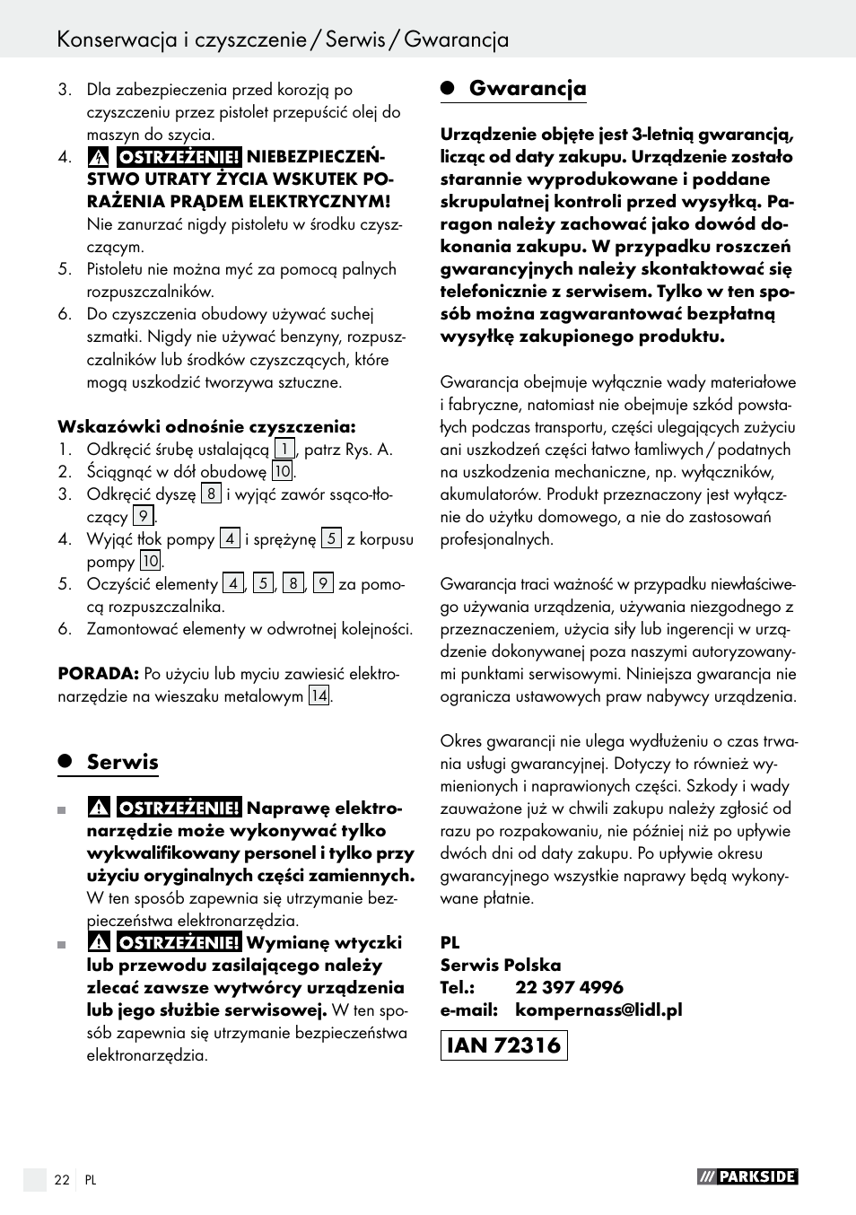Q serwis, Q gwarancja, Serwis | Gwarancja, Konserwacja i czyszczenie / serwis / gwarancja, Utylizacja / deklaracja zgodności / producent | Parkside PFS 100 B2 User Manual | Page 22 / 72