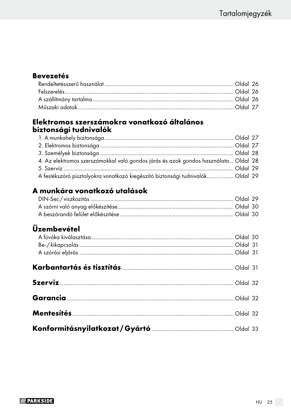 Tartalomjegyzék | Parkside PFS 100 B2 User Manual | Page 25 / 72