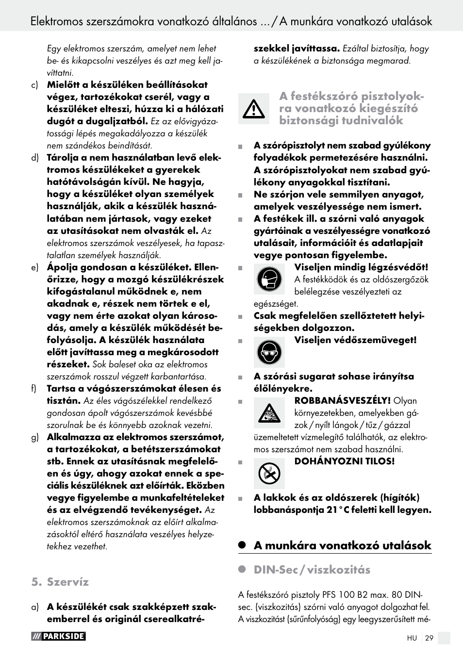 szervíz, Q a munkára vonatkozó utalások, Q din-sec / viszkozitás | A munkára vonatkozó utalások, Szervíz, Din-sec / viszkozitás | Parkside PFS 100 B2 User Manual | Page 29 / 72