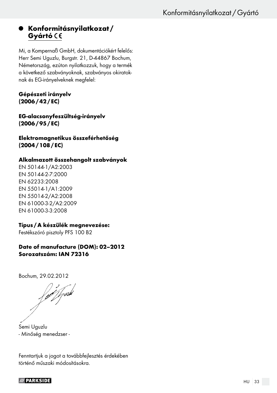 Q konformitásnyilatkozat / gyártó, Konformitásnyilatkozat / gyártó, Oldal 33 | Parkside PFS 100 B2 User Manual | Page 33 / 72