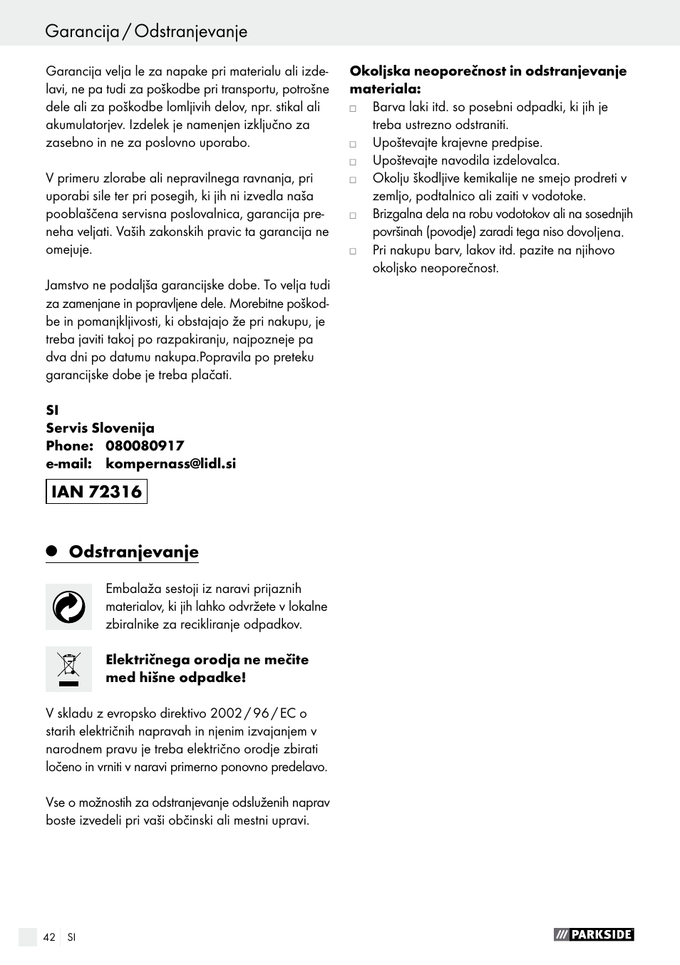 Q odstranjevanje, Odstranjevanje, Stran 42 | Garancija / odstranjevanje, Izjava o skladnosti / izdelovalec | Parkside PFS 100 B2 User Manual | Page 42 / 72