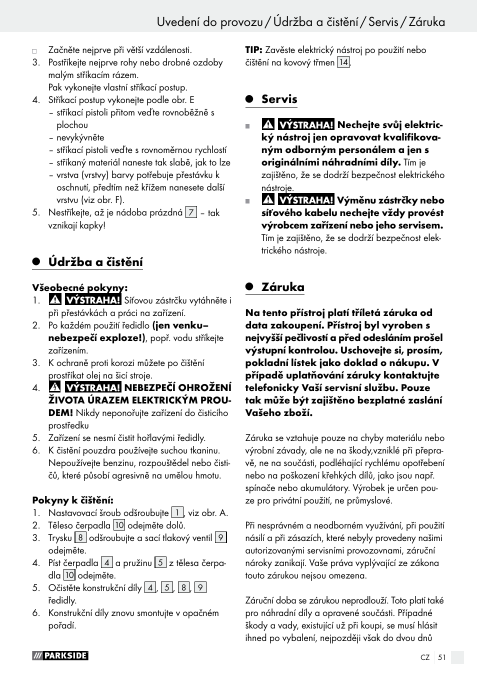 Q údržba a čistění, Q servis, Q záruka | Údržba a čistění, Servis, Záruka | Parkside PFS 100 B2 User Manual | Page 51 / 72