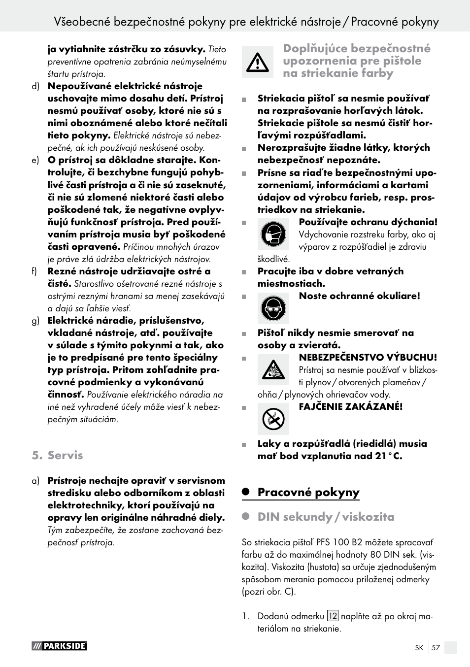 servis, Q pracovné pokyny, Q din sekundy / viskozita | Pracovné pokyny, Servis, Din sekundy / viskozita | Parkside PFS 100 B2 User Manual | Page 57 / 72
