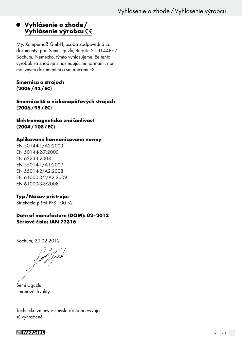Q vyhlásenie o zhode / vyhlásenie výrobcu, Vyhlásenie o zhode / vyhlásenie výrobcu | Parkside PFS 100 B2 User Manual | Page 61 / 72