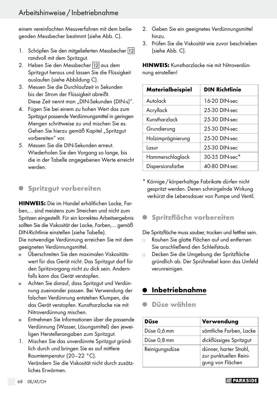 Inbetriebnahme, Spritzgut vorbereiten, Spritzfläche vorbereiten | Inbetriebnahme düse wählen | Parkside PFS 100 B2 User Manual | Page 68 / 72