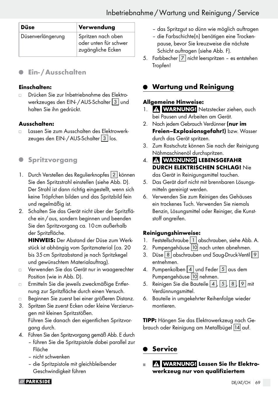 Wartung und reinigung, Seite 69, Service | Arbeitshinweise / inbetriebnahme, Inbetriebnahme / wartung und reinigung / service, Ein- / ausschalten, Spritzvorgang | Parkside PFS 100 B2 User Manual | Page 69 / 72
