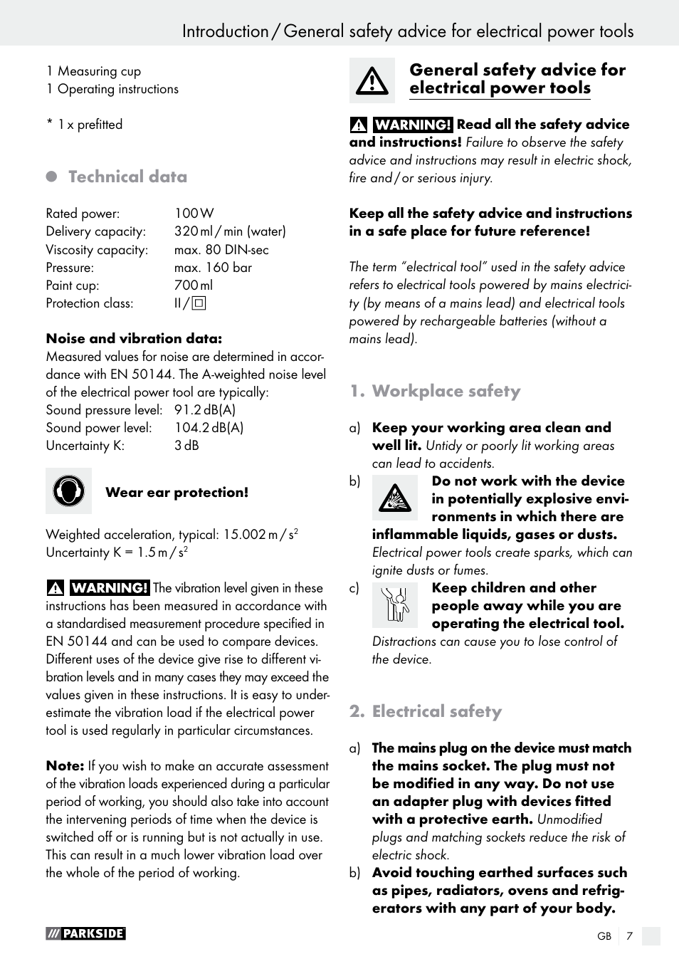 General safety advice for electrical power tools, Technical data, Workplace safety | Electrical safety | Parkside PFS 100 B2 User Manual | Page 7 / 72