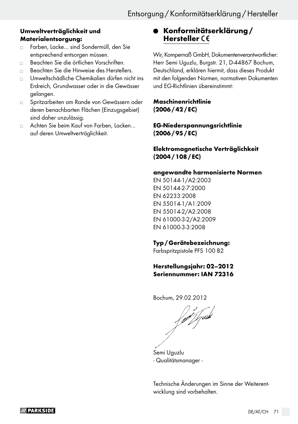 Konformitätserklärung / hersteller, Seite 71, Service / garantie / entsorgung | Entsorgung / konformitätserklärung / hersteller | Parkside PFS 100 B2 User Manual | Page 71 / 72