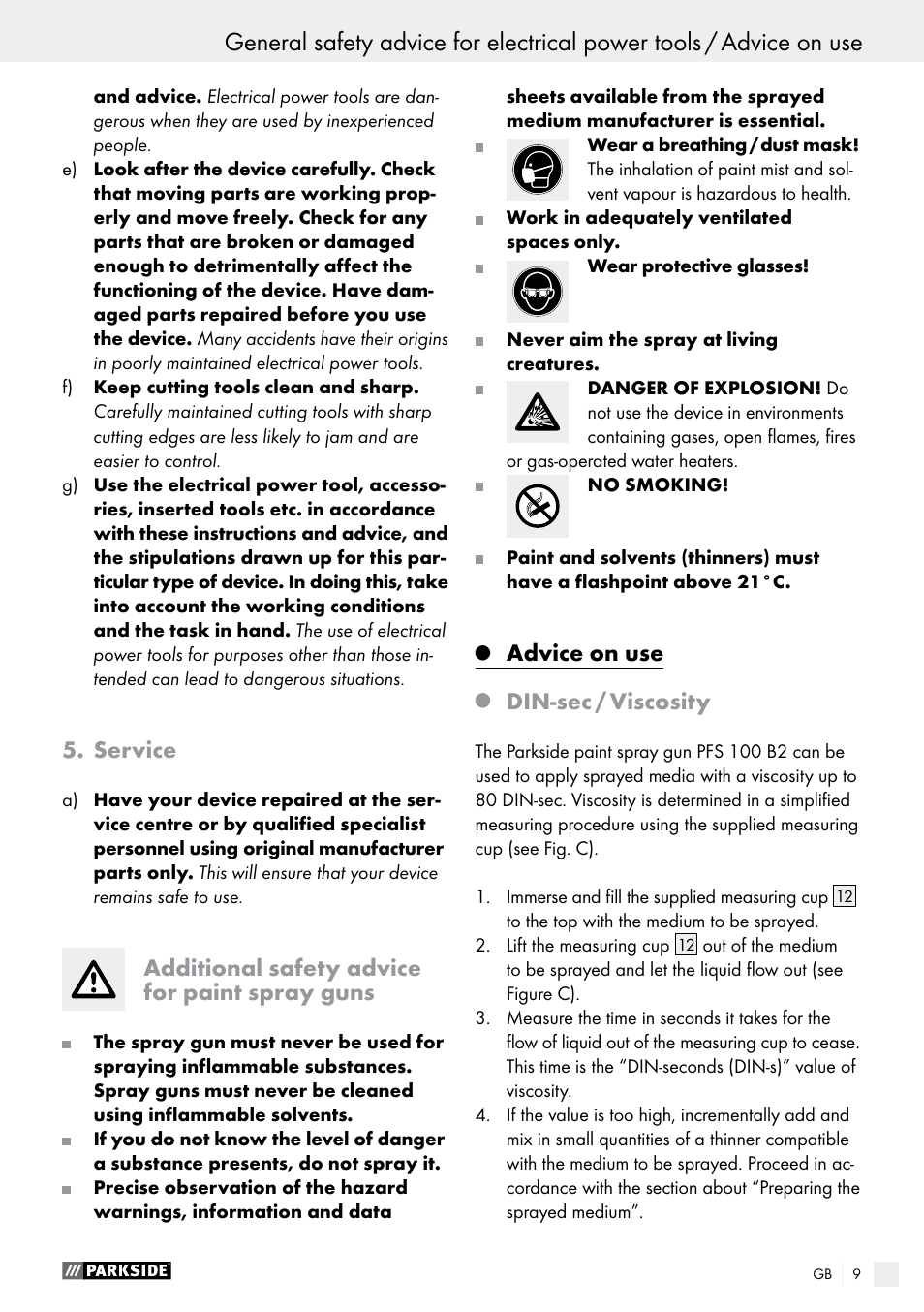 Advice on use, Service, Additional safety advice for paint spray guns | Din-sec / viscosity | Parkside PFS 100 B2 User Manual | Page 9 / 72