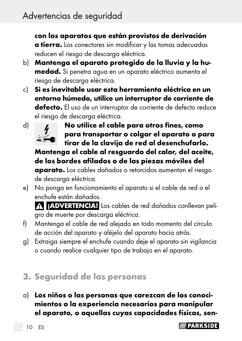 Advertencias de seguridad, Seguridad de las personas | Parkside PLBS 30 A1 User Manual | Page 10 / 90