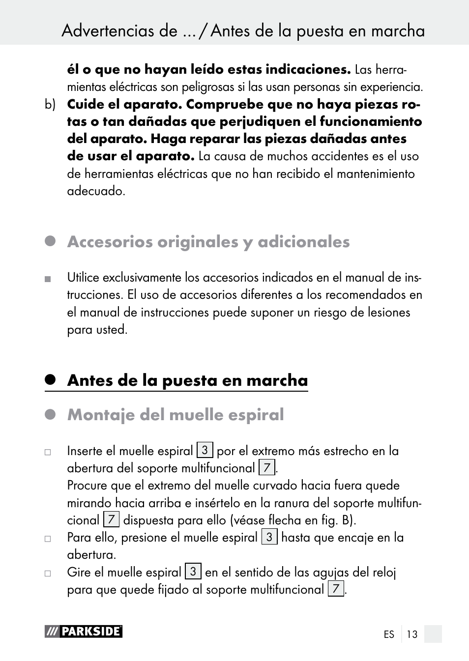 Accesorios originales y adicionales, Antes de la puesta en marcha, Montaje del muelle espiral | Parkside PLBS 30 A1 User Manual | Page 13 / 90