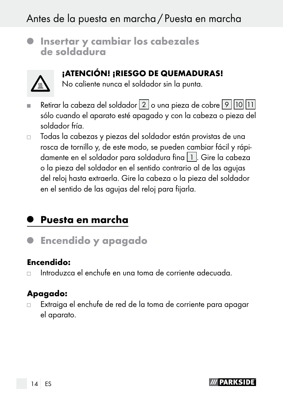 Insertar y cambiar los cabezales de soldadura, Puesta en marcha, Encendido y apagado | Parkside PLBS 30 A1 User Manual | Page 14 / 90