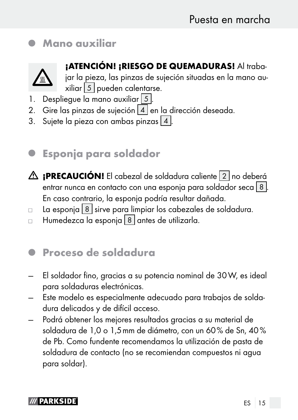 Mano auxiliar, Esponja para soldador, Proceso de soldadura | Parkside PLBS 30 A1 User Manual | Page 15 / 90