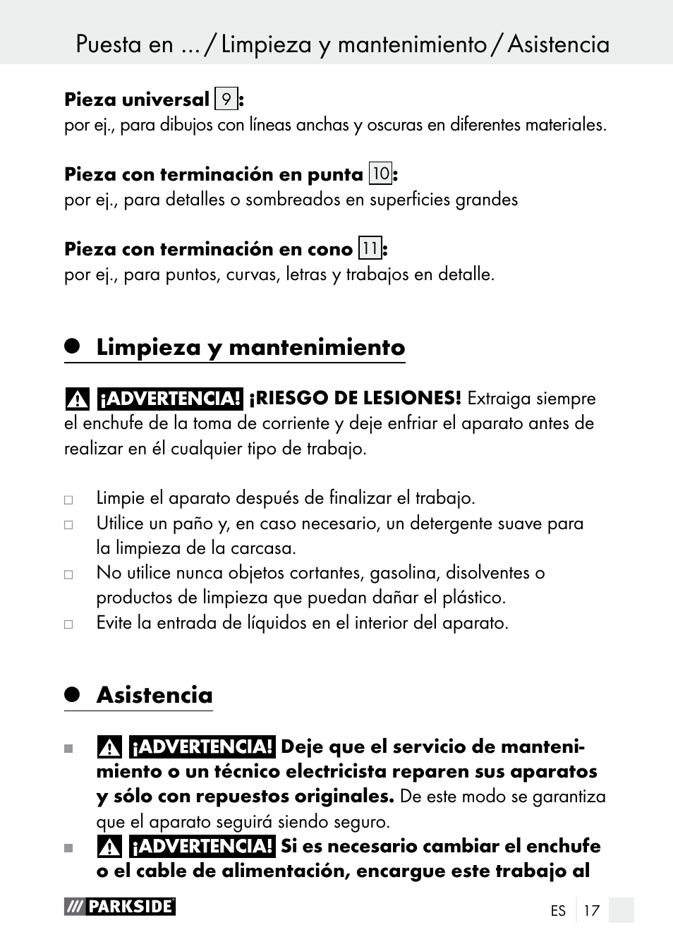 Limpieza y mantenimiento, Asistencia | Parkside PLBS 30 A1 User Manual | Page 17 / 90