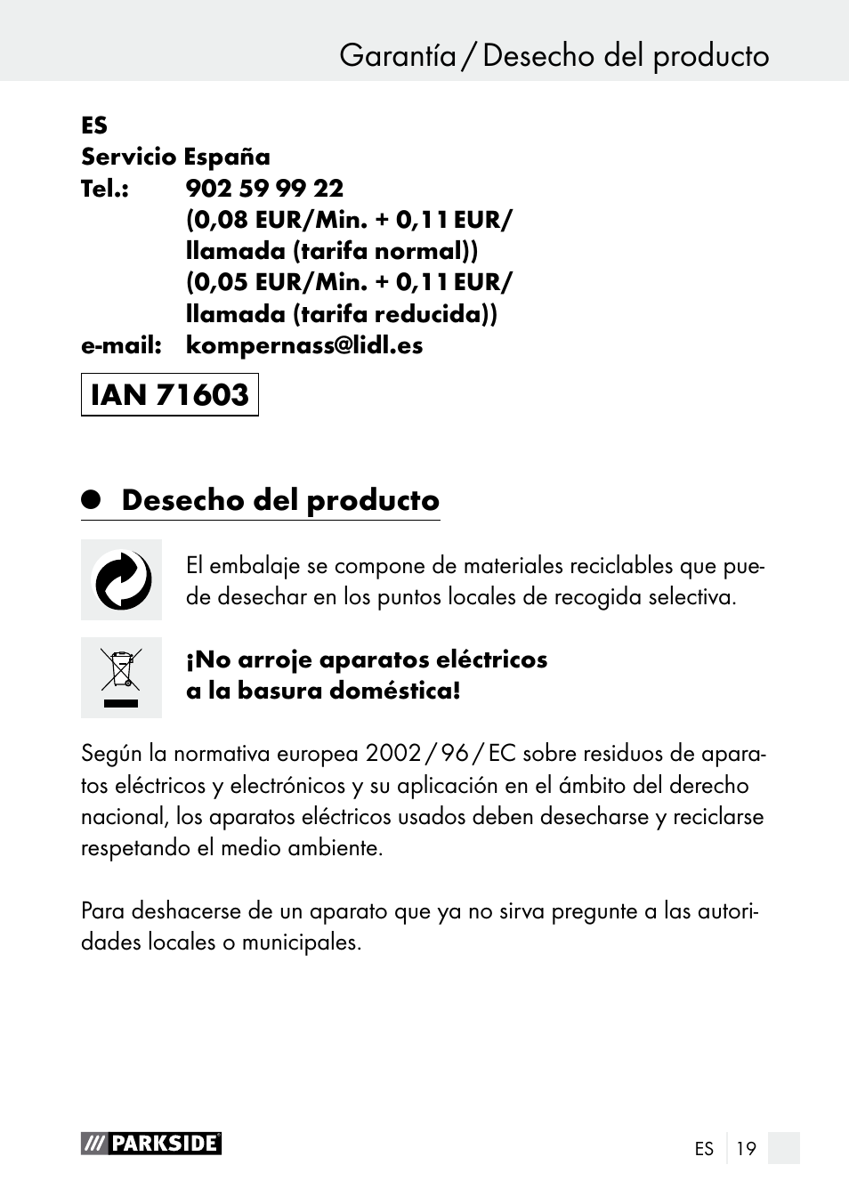 Garantía / desecho del producto, Asistencia / garantía, Desecho del producto | Parkside PLBS 30 A1 User Manual | Page 19 / 90