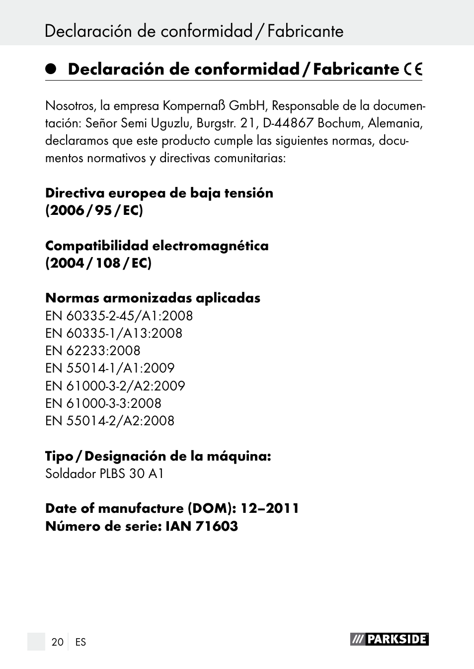 Declaración de conformidad / fabricante | Parkside PLBS 30 A1 User Manual | Page 20 / 90
