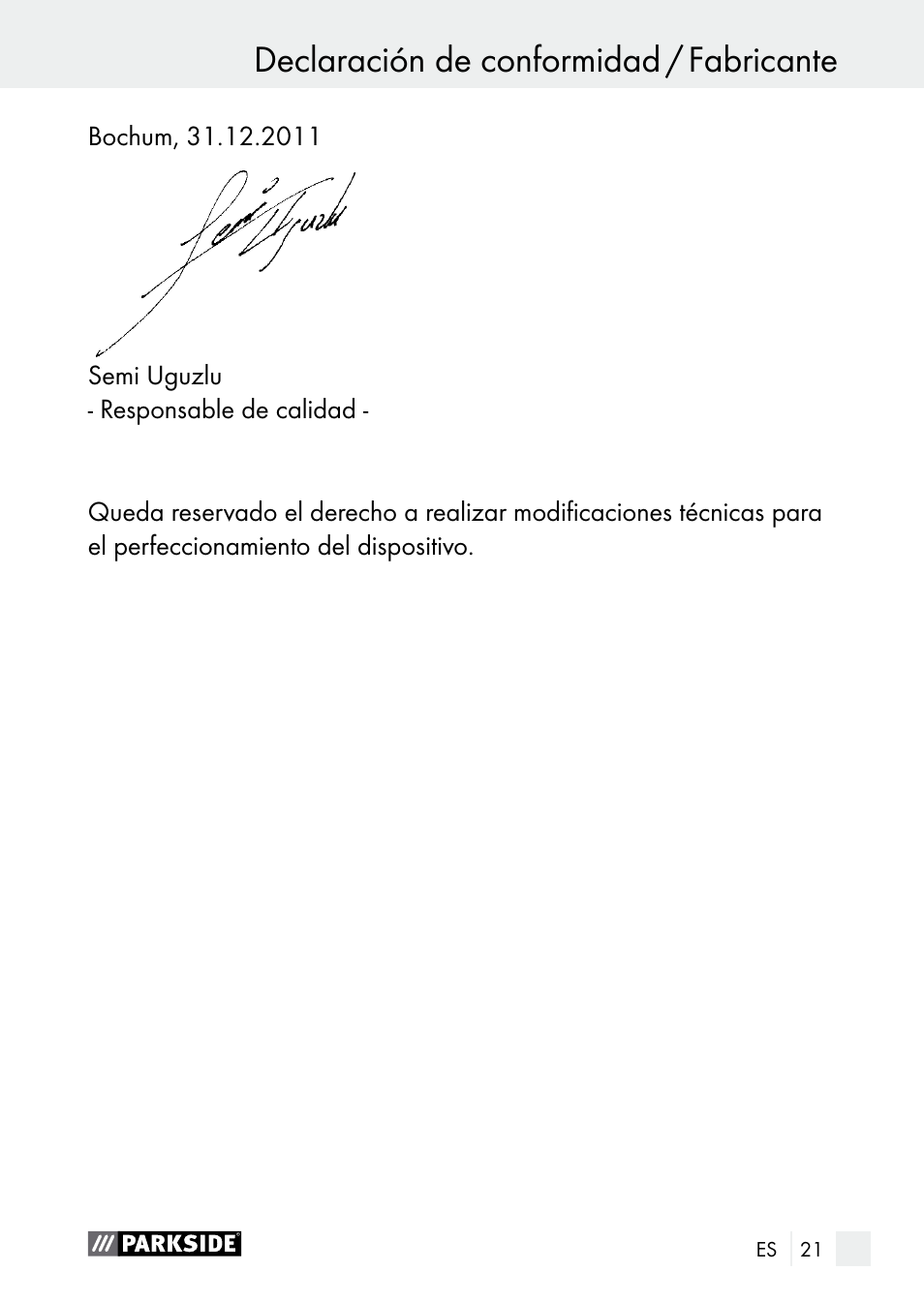 Declaración de conformidad / fabricante | Parkside PLBS 30 A1 User Manual | Page 21 / 90